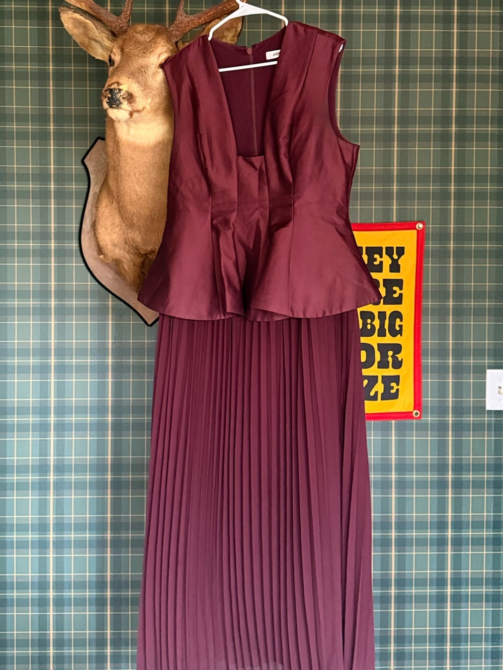 ARRANGE structured waisted maxi dress with contrast pleated skirt in plum
